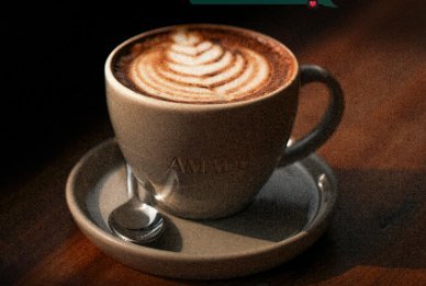 A cappuccino with rosetta latte art in an AMADO cup