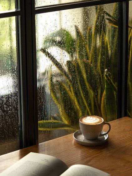 Cappuccino by a rain-streaked window